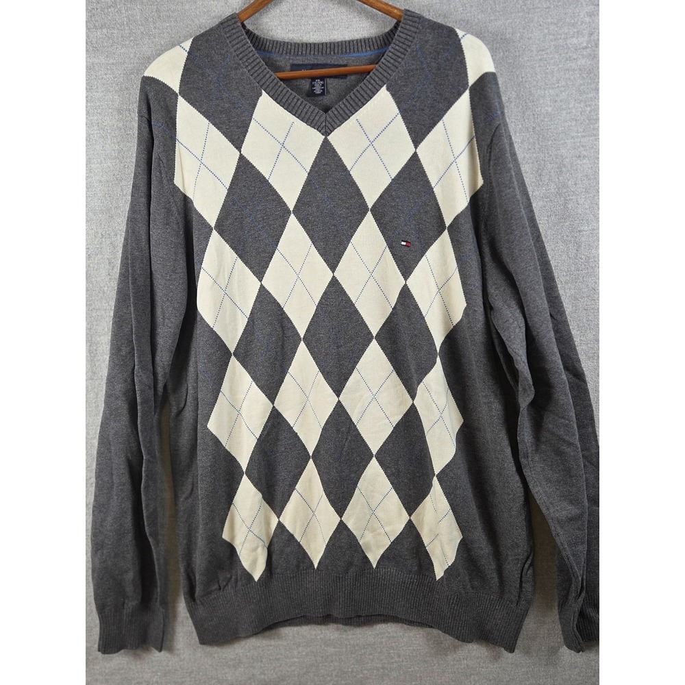 TOMMY HILFIGER Sweater Mens 2XL Argyle Gray White V Neck Preppy Old Money Y2K